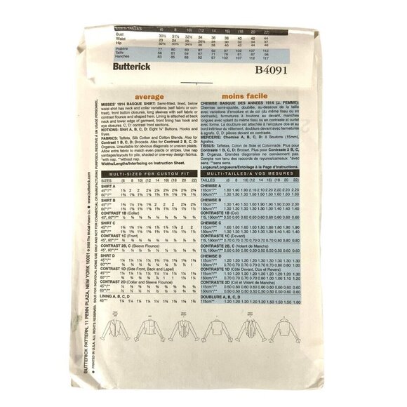 Butterick History B4091 Basque Shirt Blouse 1914 Sewing Pattern Size 18-22 Uncut - Picture 2 of 3